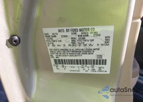 2010 Ford Escape Xlt из США, поврежденный, VIN 1FMCU0D71AKC87777